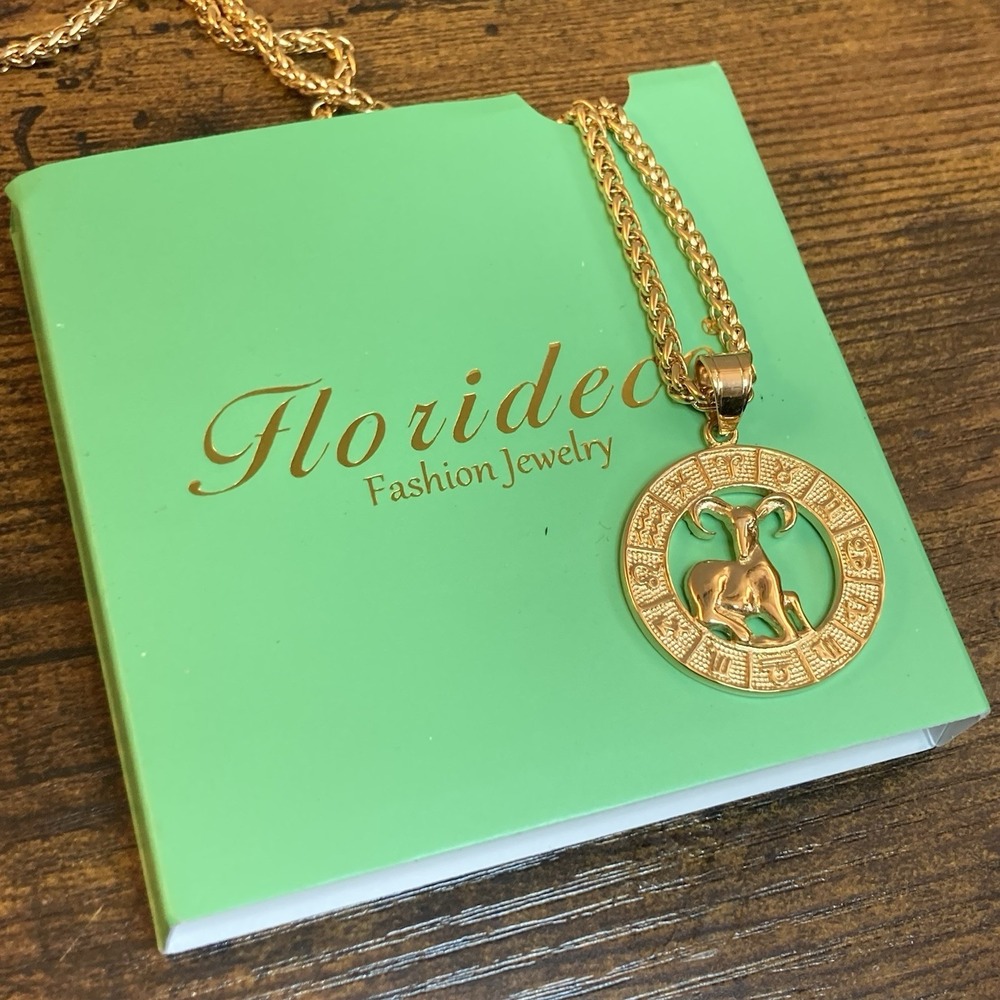 Florideco Aries Astrological Zodiac Symbol Necklace Gold Tone 23.5in Chain